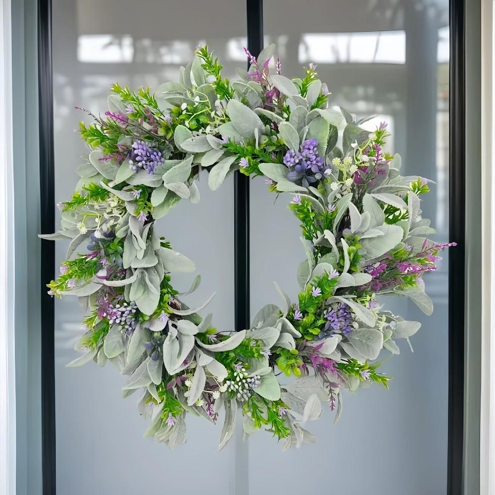 Flocked Lambs Ear Lavender Wreath Lifelike Artificial Wreath Door Hanging Wreath  Indoor Outdoor
