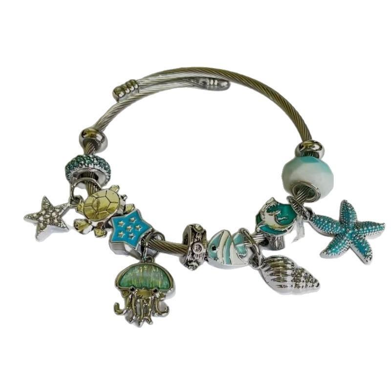 Ocean Theme Stainless Steel Beaded Bracelet With Starfish Sea Creatures For Women Summer Jewelry