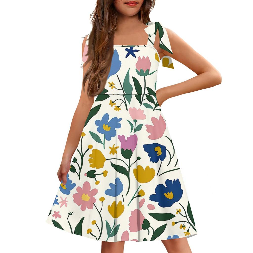 Barnejumpsuit uten mansjetter, lomme, firkantet hals, avslappet, blomstermønstret kjole