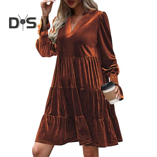 Spring Fall Women Dress Golden Velvet V Neck Pleated Patchwork Long Sleeves A-line Solid Color Knee Length Dating Shopping Midi Dress