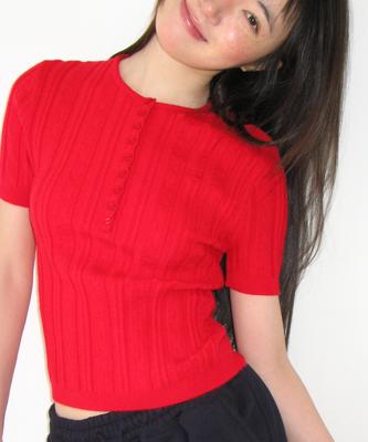 RONRON Button Point Slim Short Sleeve Knit Red