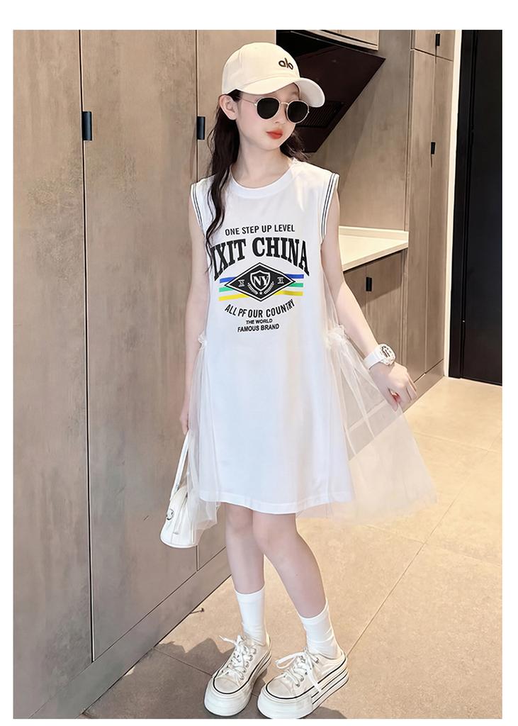 2026 Summer New Mid University Children's White Dress, Girls' Elegant Princess Dress, Girls' Summer Dress, Mesh Skirt