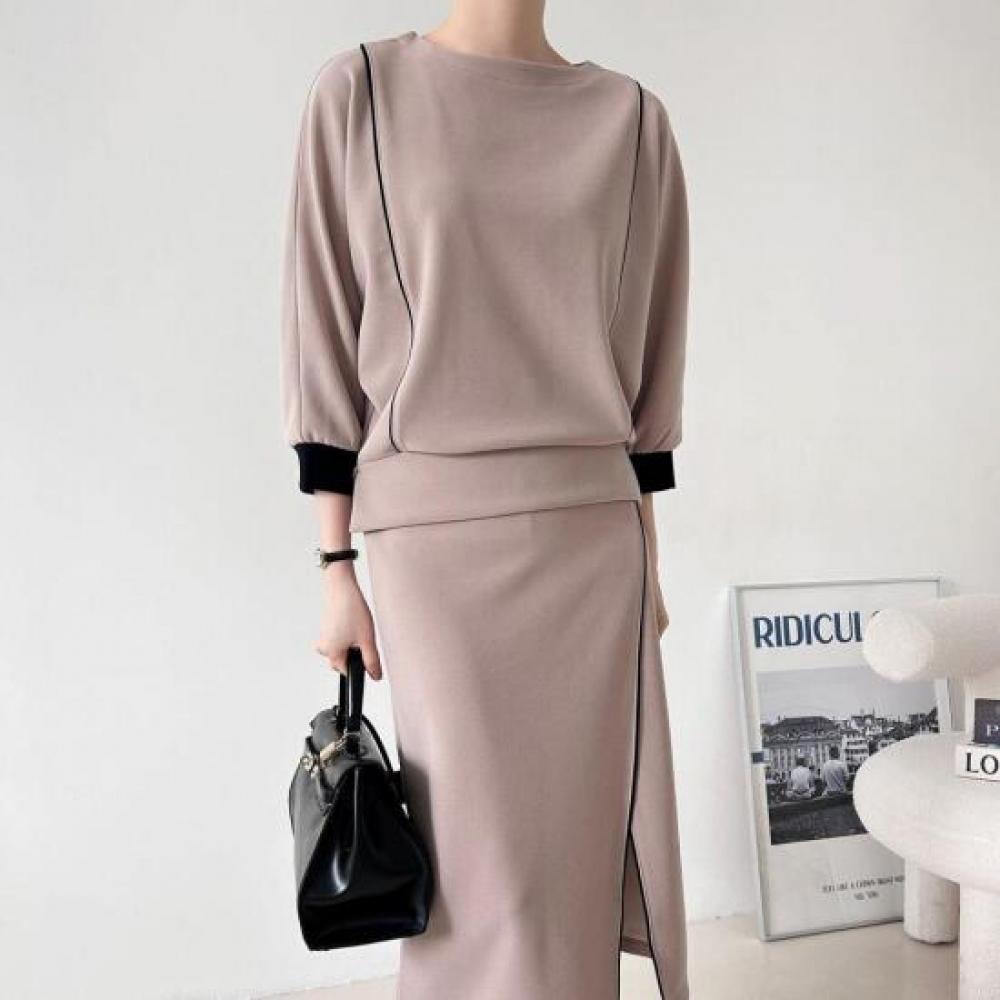 New Arrivals Open Run Piping Sweatshirt Ribbed Cuff Front Slit Skirt Two Piece