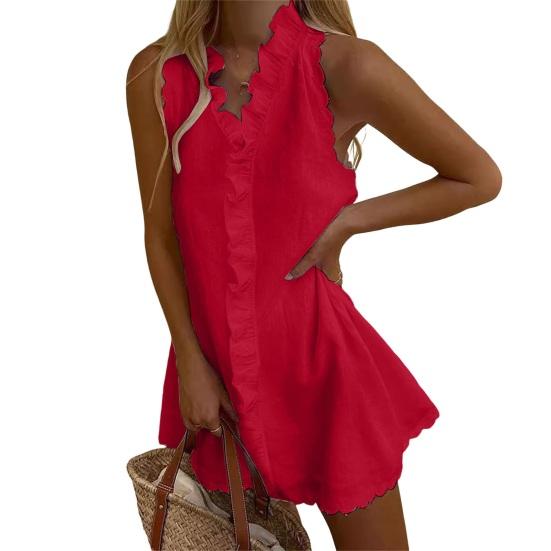 Summer Ruffle Mini Dress for Women Sleeveless V Neck Cotton S красный