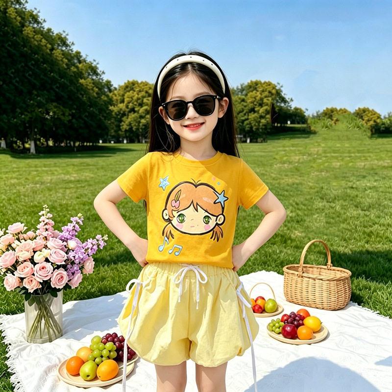 Girls Summer Cartoon Short Sleeve T Shirt And Bud Shorts Set Kids Casual Sporty Two Piece Outfit Breathable Comfortable 90
