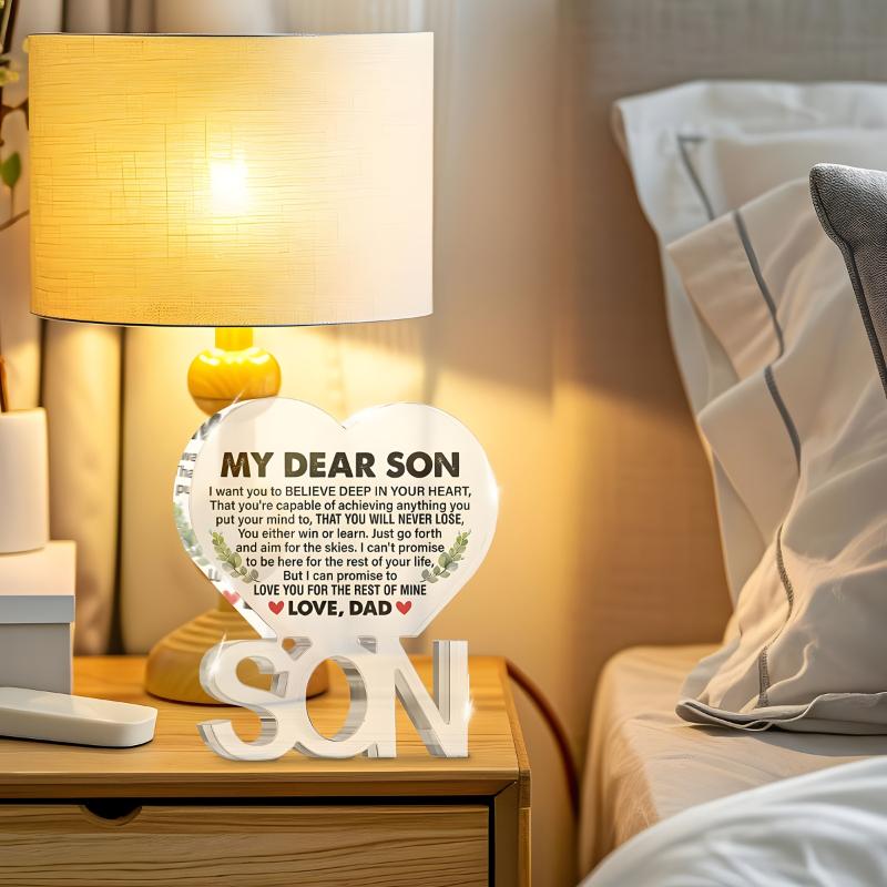  1pc Heart-Shaped Acrylic Plaque for Son From Dad - Engraved Inspirational Message, Contemporary Sentimental Gift for Christmas, Birthday, Graduation 