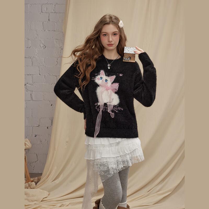 unifree Faux Mink Kitten Jacquard Pullover Sweater