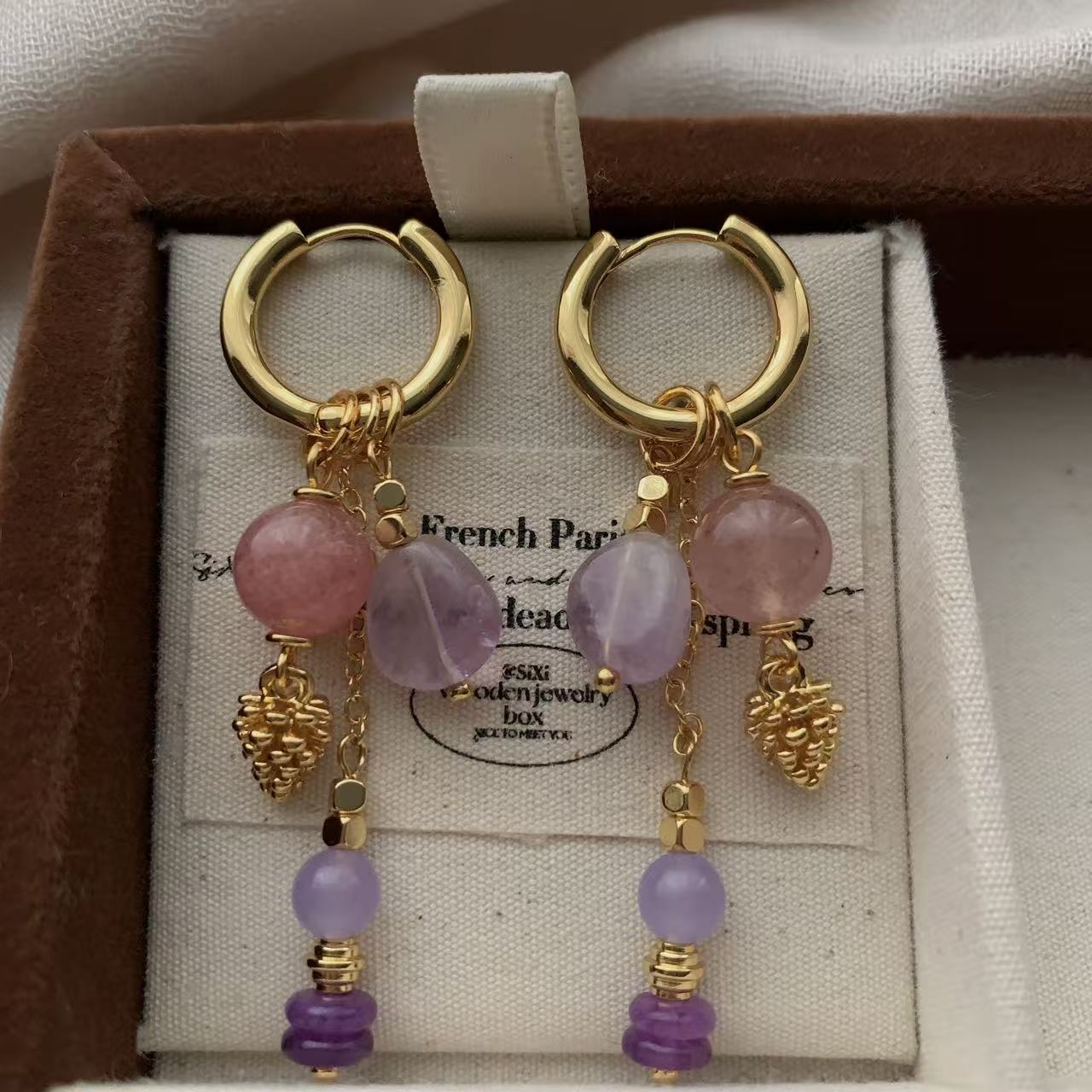 Natural Stone Beaded Grape Pendant Earrings Earrings Elegant Light Luxury Exquisite Niche Pastoral Versatile Earrings