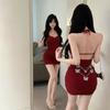 Burgundy Sexy Butterfly Chain Halter Sleeveless Hip Wrap Short Skirt Temperament Spice Girl Pleated Waist Skinny Dress