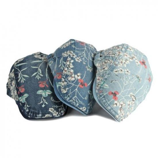 Retro Lady Denim Newsboy Cap Floral Print Beret Flat Hat Ethnic Cabbie Baker Boy