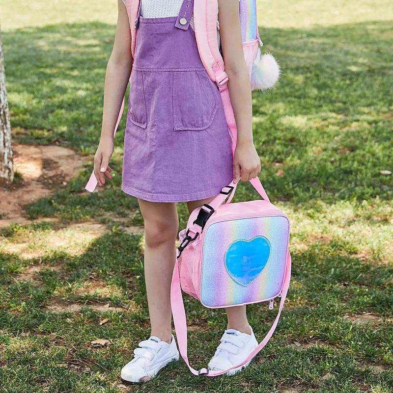 Children's Cute Pink Heart Lunch Bag Large Capacity Insulated Lunch Bag Student School Office Bento Portable Picnic Food