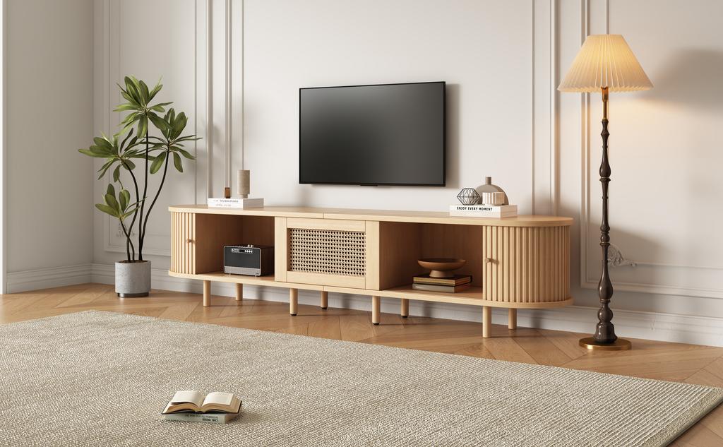 Nowoczesna Niska Szafka RTV z Okrągłym Designem i Drzwiami Rolowanymi, MDF, Szuflada, na Telewizory do 75 Cali, Salon i Jadalnia, 180x40x40cm, Kolor Drewna