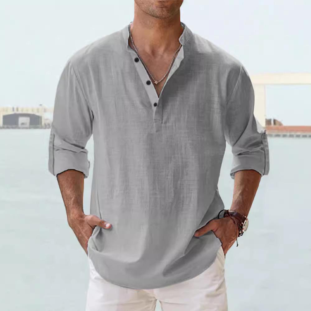 Men's Linen Stand Collar Long Sleeve T-shirt Loose Sweatshirt Solid Color Long Sleeve Cotton Linen Shirt Men