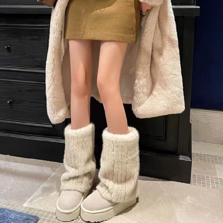 Women Ribbed Furry Leg Warmers Harajuku Winter Warm Plush Thickened Leggings Boot Cover Party Knee Length Leg Covers