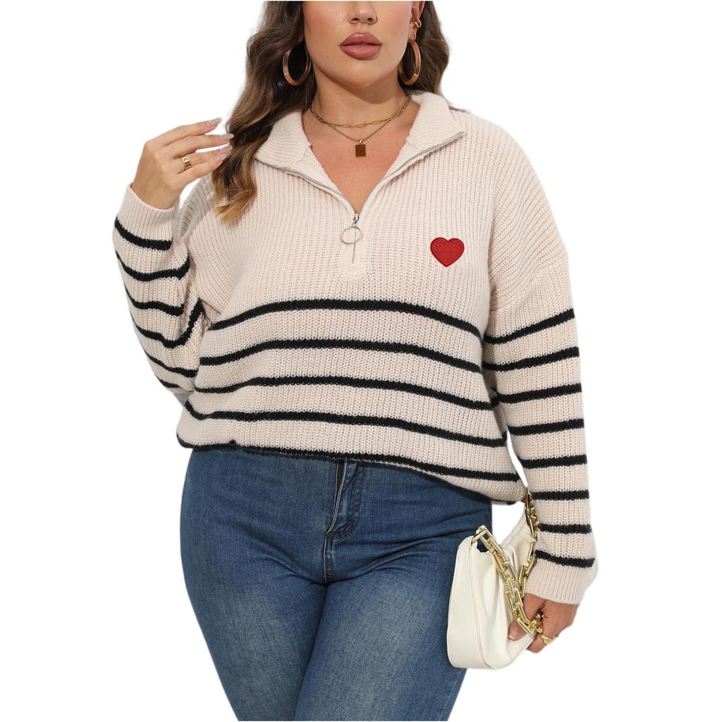 Women's Fashion Large Size Striped Stitching Half-Turtleneck Zipper Heart Knitted Sweater