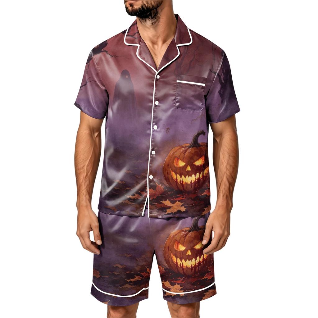 Herren Halloween Pyjama Set - Gestreiftes Karomuster aus Satin, Kurzarmhemd und Shorts mit Taschen, Lockeres Zweiteiler Set für Zuhause und Tägliche Kleidung