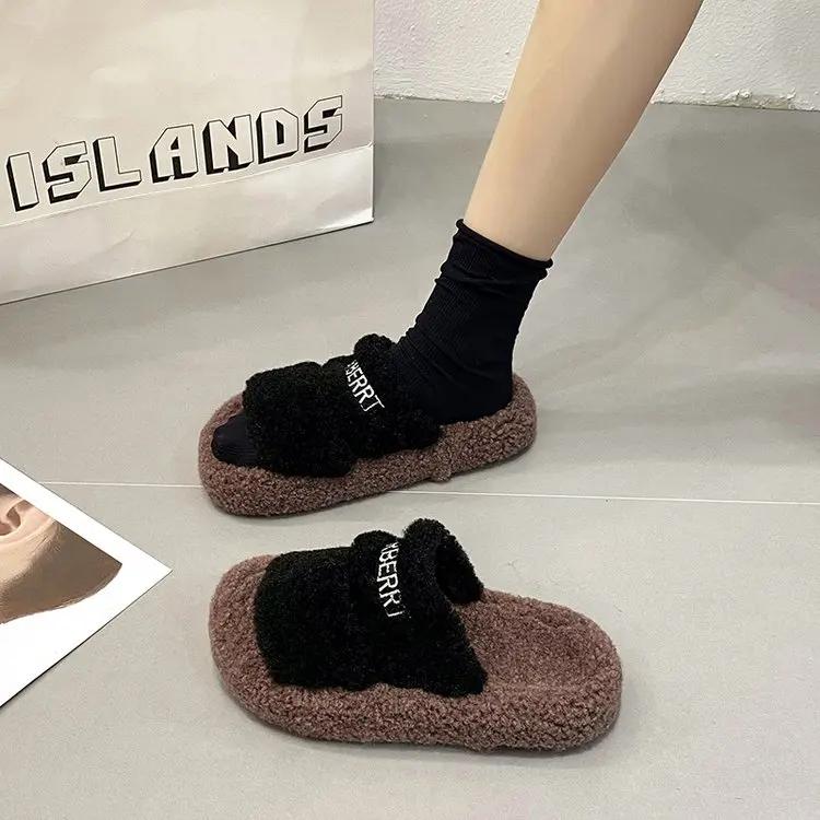 Fashion 2024 New Mao Slippers for Female Outwear Autumn and Winter Korean Thick Sole One Line Drag Girl Fairy Style Cotton Drag Ins