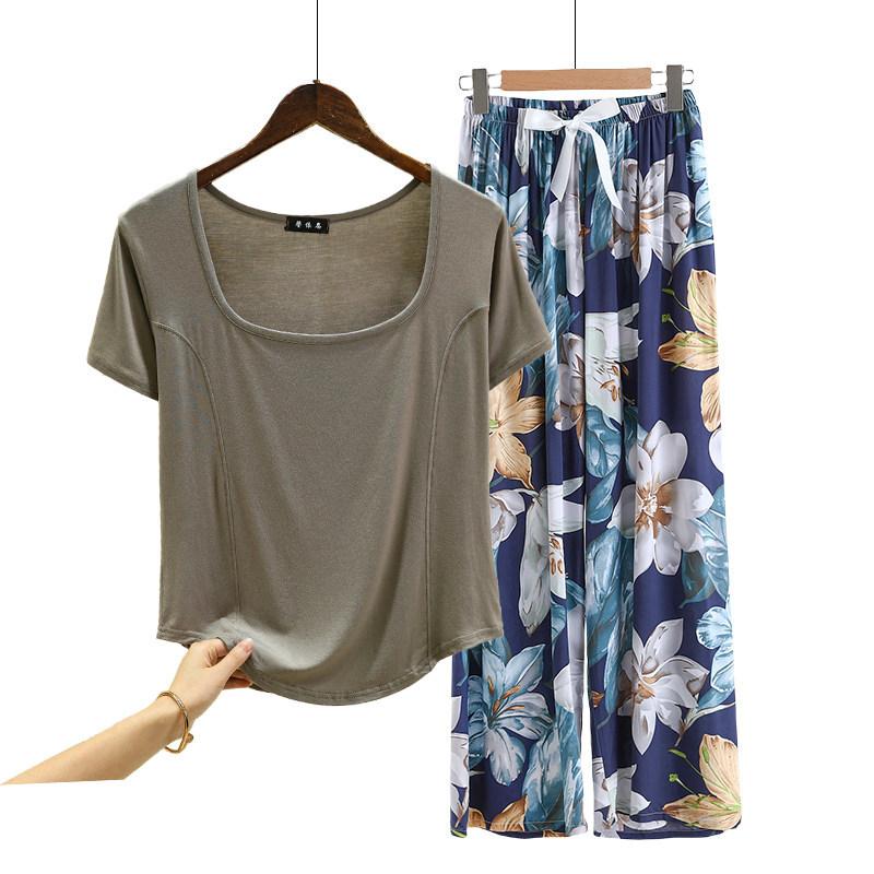Fashion U Nek Tshirt and Floral Wide leg pants Summer fashion homewear 2pcs suit Loose Casual pajamas set comfort loungewear plus size