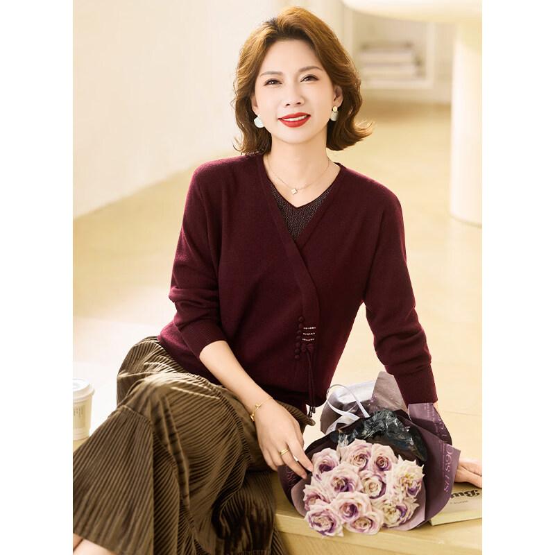 

Elegant Mid-Aged Women s Chinese Style Knit Sweater 3XL
