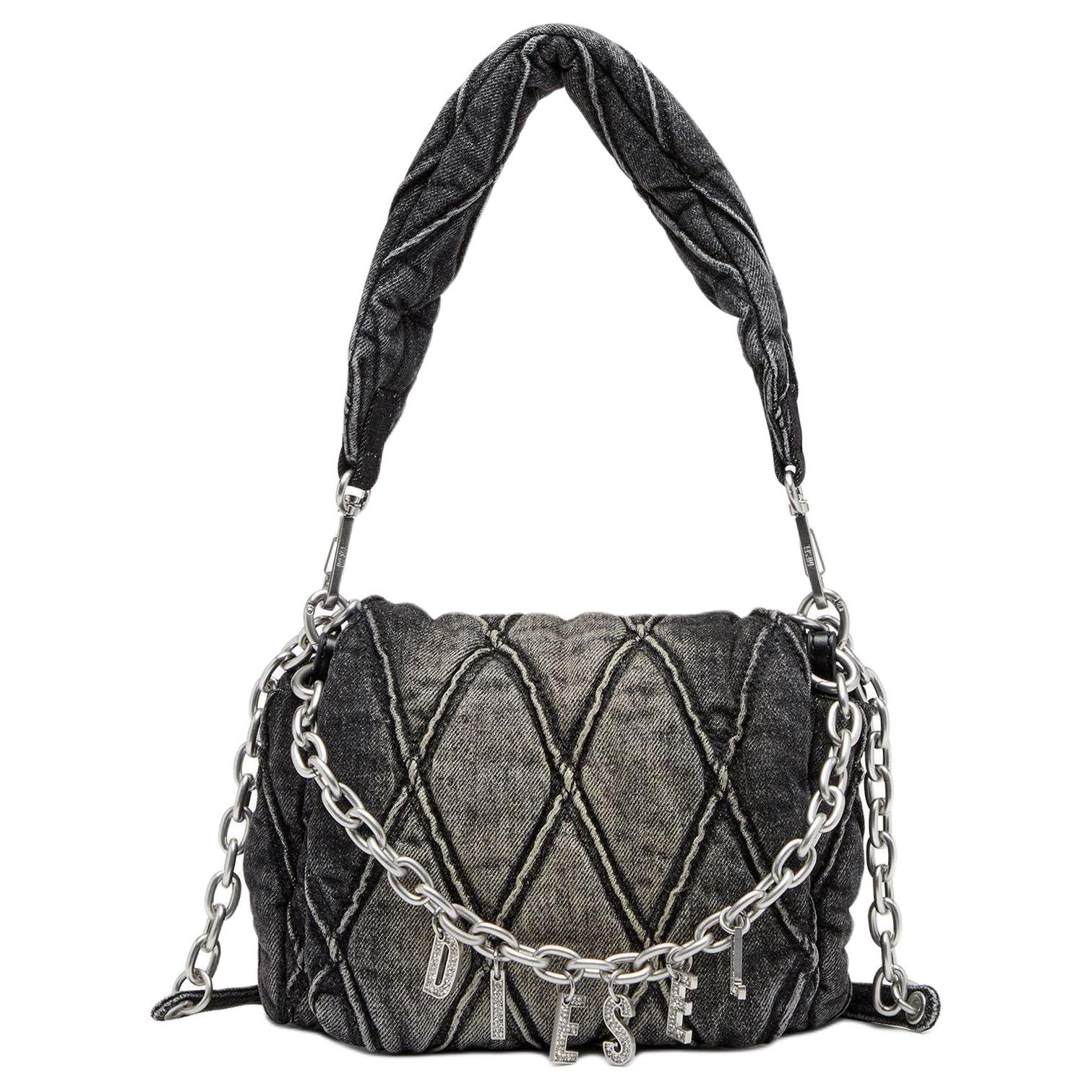 Diesel Charm-D Diamantpatroon Afneembare Handgreep Katoenen Tote Crossbody Schoudertas Dames tassen Zwart X09597P6330T8013 Basic Set (Bag+Dust Bag)