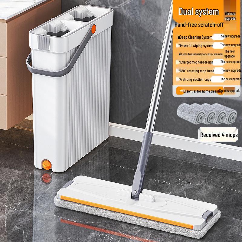 Kompaktes Wischmop- und Eimer-Set: Freihändiger Wasch- und Trocken-Flachmopp mit Schmalspalt-Schaber
