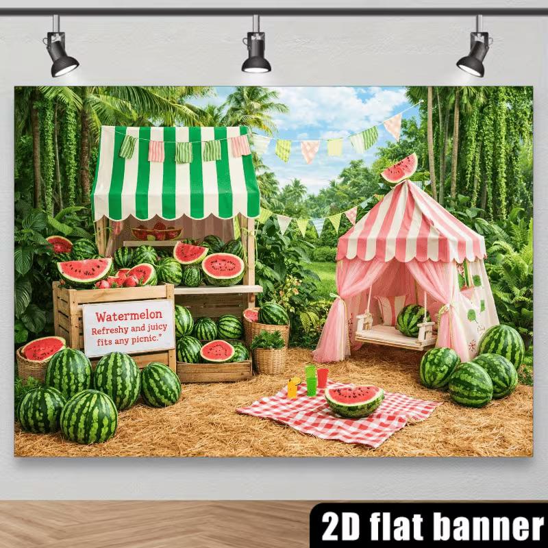 2D Watermelon Summer Backdrop Tropical Jungle Picnic Photography Background for Kids Birthday Party
