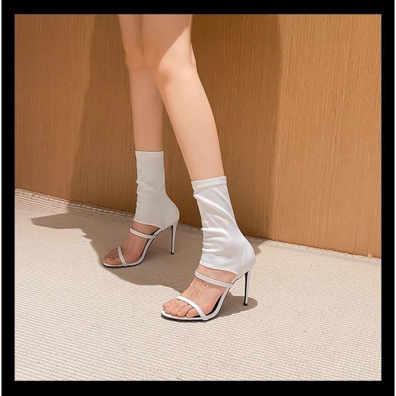 High-Top Round-Toe Stretch Fabric Stiletto Ankle Boots 2025 Summer Toe-Exposing Plus Size Outdoor High Heels for Women
