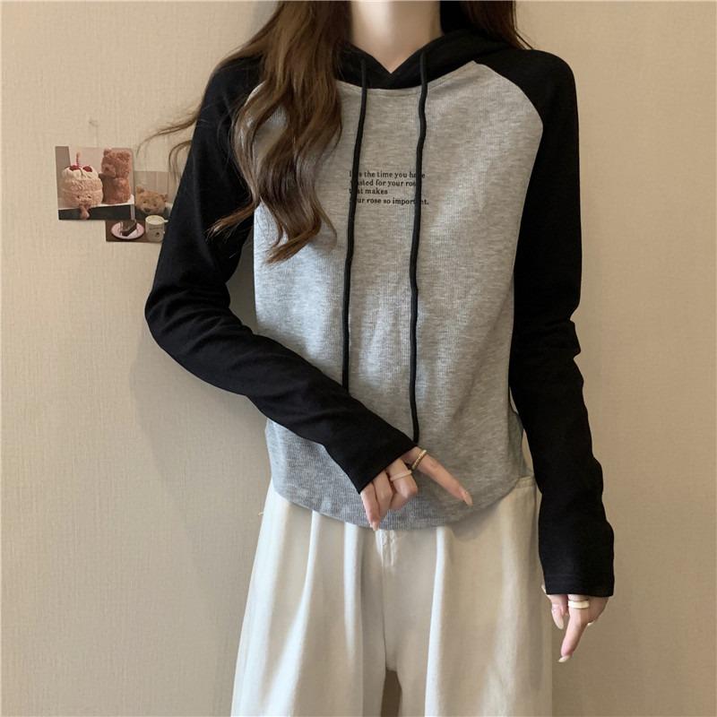 

Real shot contrasting color hooded T-shirt women s long-sleeved plugged shoulder loose casual pullover sweater 2XL чёрный