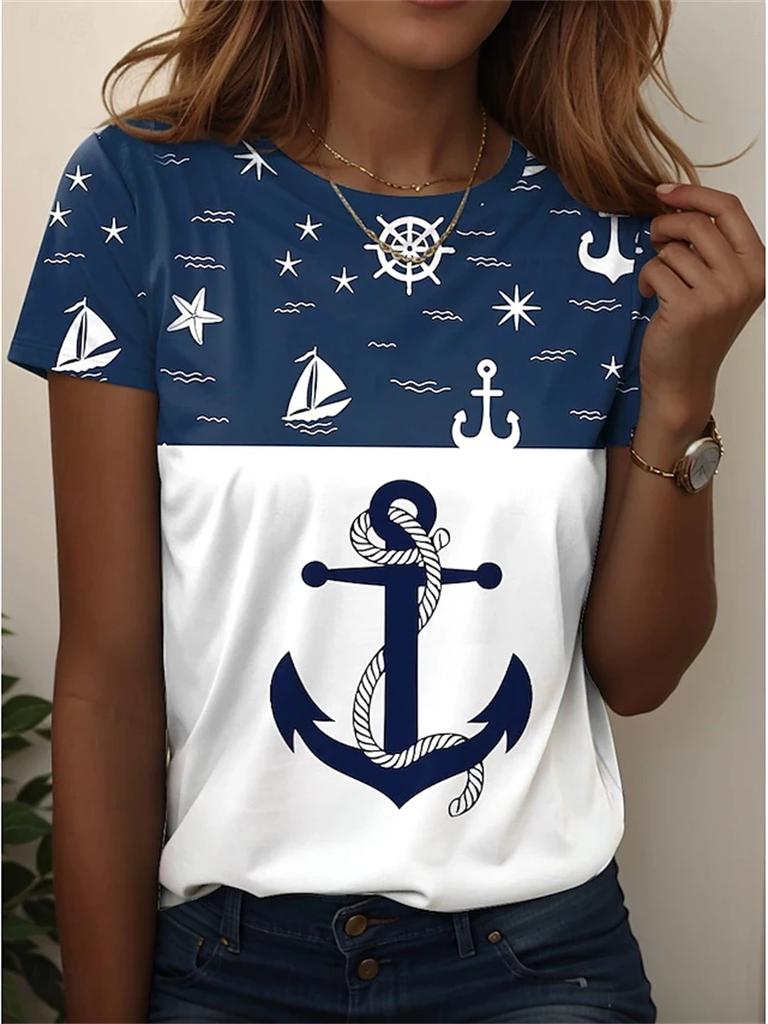 Boat AnchorGraphic T-shirt For Women 2025 New Design Short Sleeve Stripe T Shirts Summer Oversized Fashion Elegant  Kids Tees