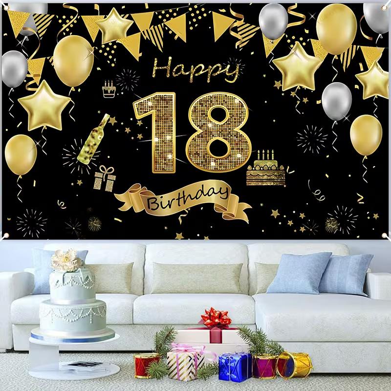 2D 18th Birthday Photography Backdrop, Black & Gold Glitter Party Background
