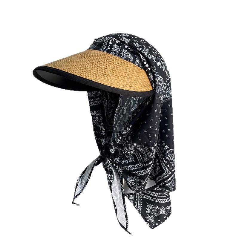 Summer Seaside Vacation Style Straw Sun Hat with Ice Silk Headscarf, Versatile Sun Protection Hat with Neck Protection, Integrated Headscarf and