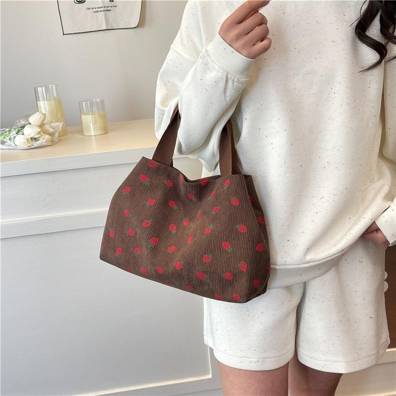 Large-capacity Beautiful Women's Bag Summer New Strip Velvet Strawberry Print Versatile Single Shoulder Portable Commuter Tote Bag