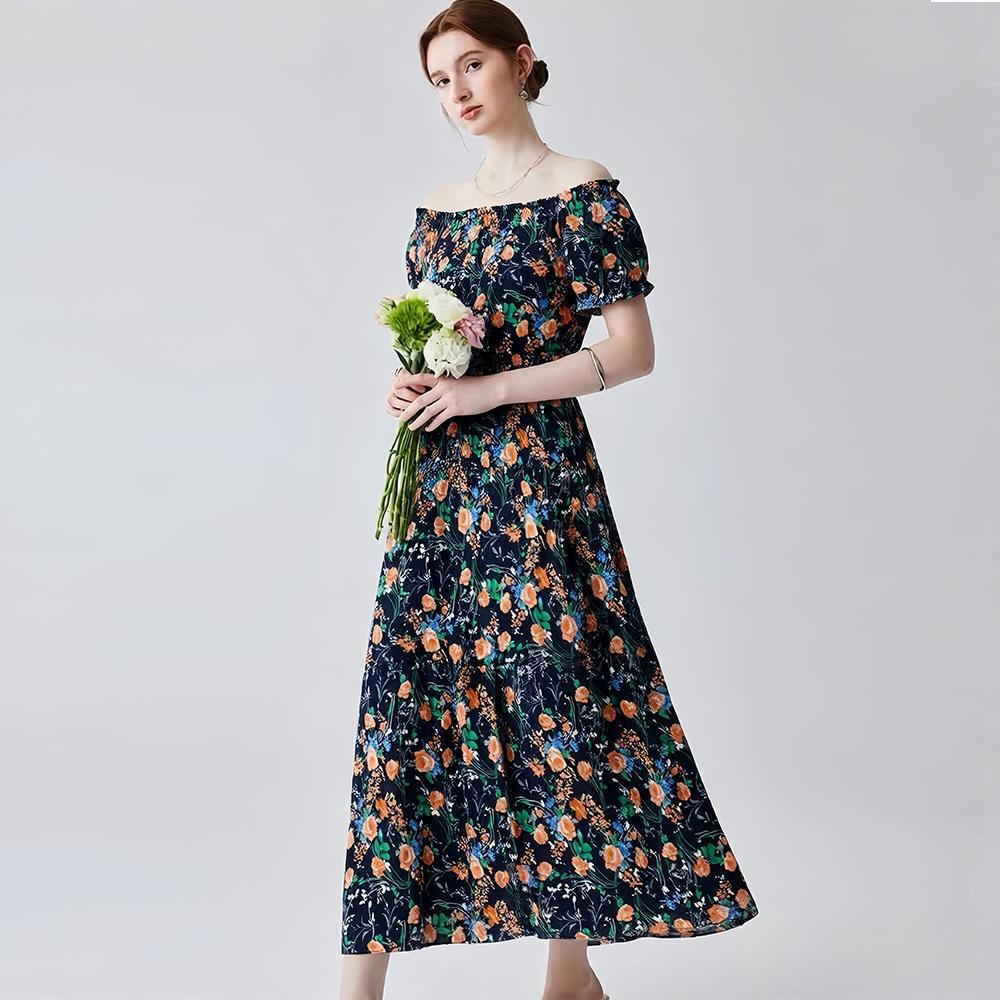 Bohemian Cotton-Silk Floral Printted Off-the-Shoulder French-Style Summer Dress for Women Ethnic-Style Elastic Waistband Pleayed Long Dress