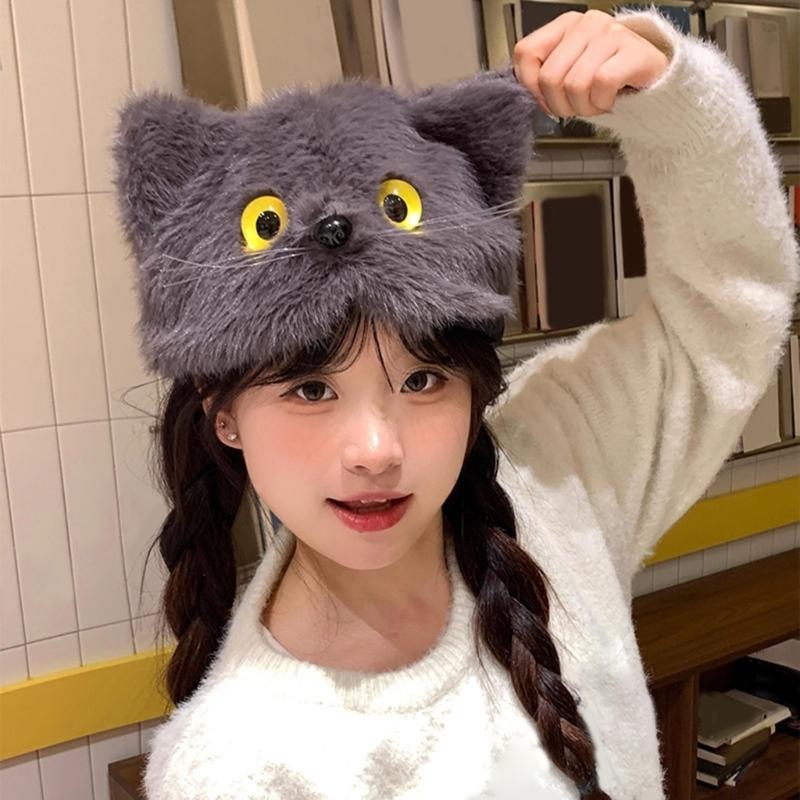 Adorable Furry Cats Ear Beanies With Tails Decors Soft Fleece Winter Hat For Women Girls Cold Weather Accessories
