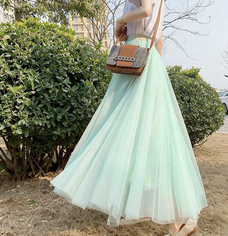 Women's High-Waist Mid-Length Pleated Mesh Skirt