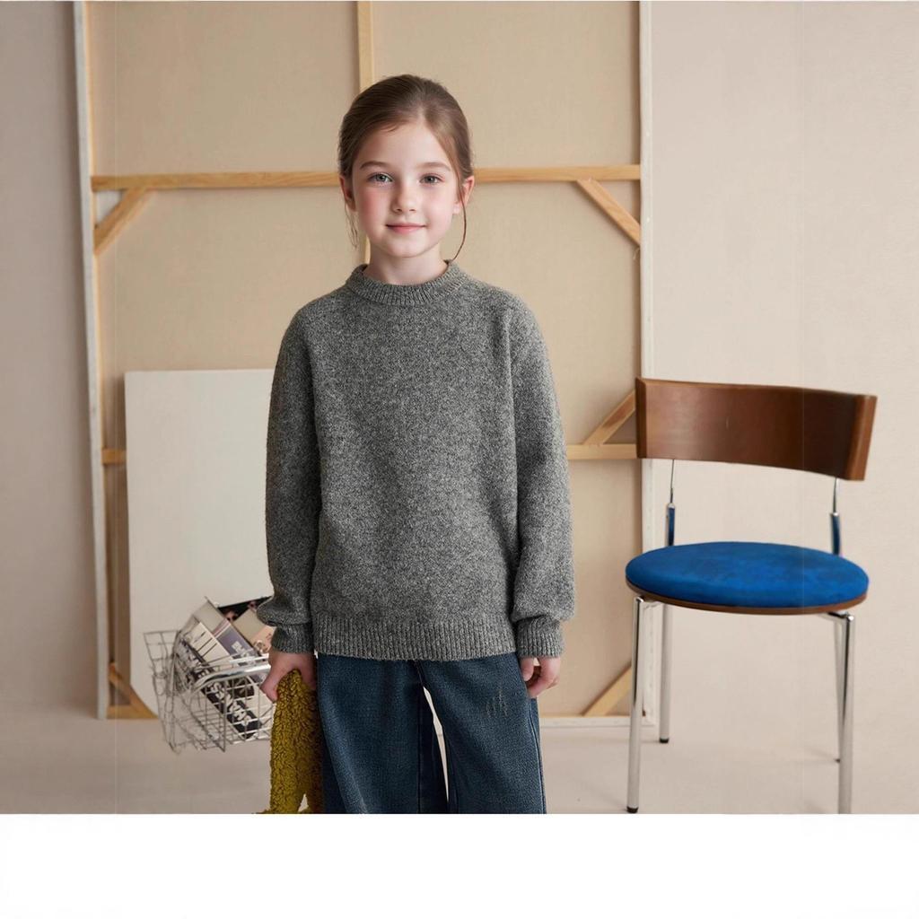 Children's Wool Ribbed Sweater - Round Neck, Cozy Autumn/Winter Base Layer for Girls