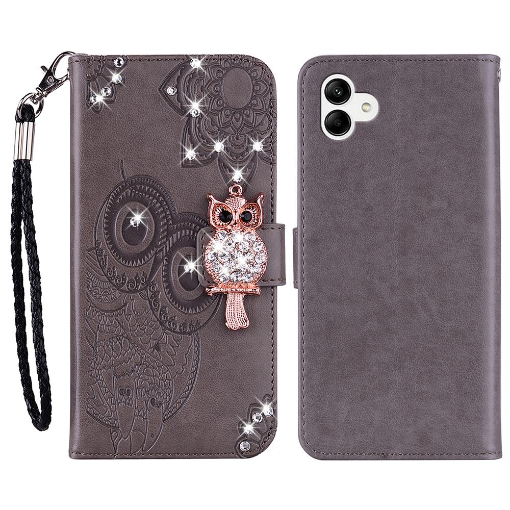 For Samsung Galaxy A06 4G Wallet Case Owl Flower Imprinted Rhinestone Leather Cover A