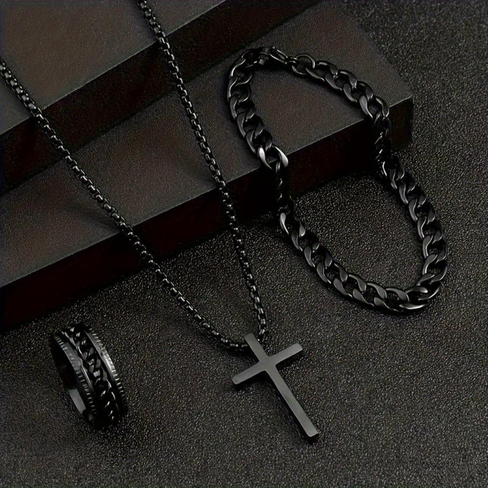 3-piece men's multi-functional jewelry set, cross pendant necklace + bracelet + ring set.
