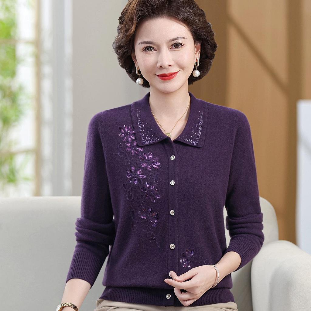 Luxury 100% Pure Wool Embroidered Cardigan for Mothers and Grandmothers - Mid-aged & Elderly Women's Lapel Sweater