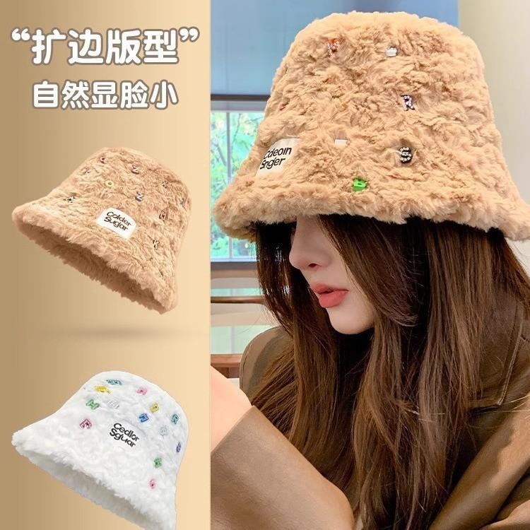 

New plush handmade alphabet diamond bucket hat women s autumn and winter versatile warm and cold-proof fashion bucket basin hat 52-56cm чорний