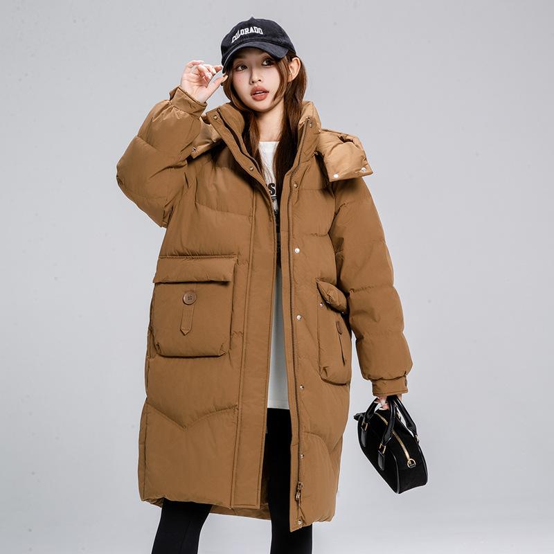 Women's Autumn and Winter Coat Solid Color Stand Collar Hooded Loose Thickened Windproof Mid-length Women's Jacket
