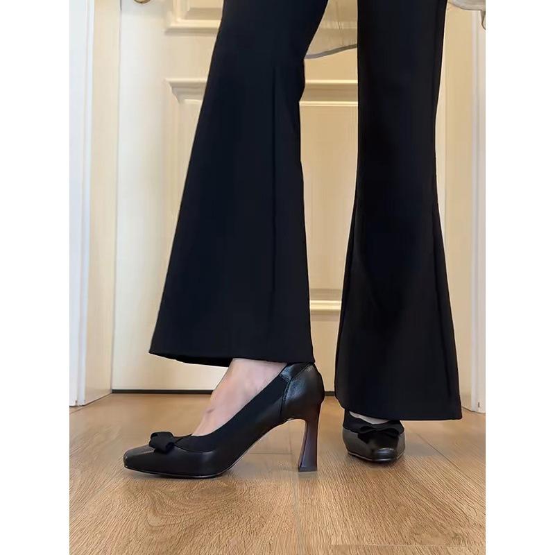 Sheepskin version~ square head French single shoes women's bow shallow mouth evening shoes temperament not tired feet thick heels high heels