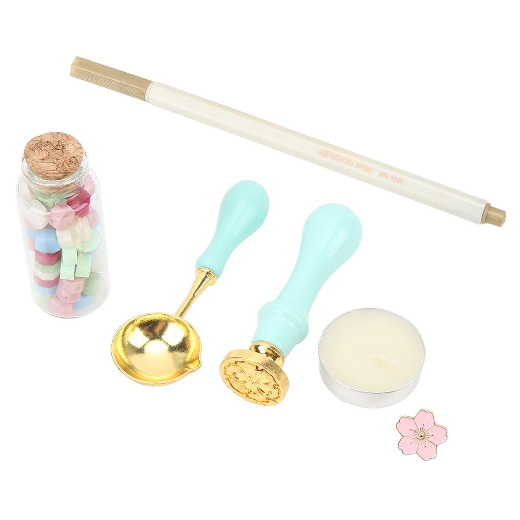Wax Sealing Kit Vintage  Color Matching Blue Handle Gift Box Packaging Cherry Flower Brooch Detac