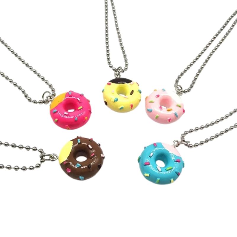 Sweet Cool Acrylic Mini Donuts Pendant Necklace Funny Choker Metal Bead Chain Charm Necklace Neck Chain Fashion Jewelry