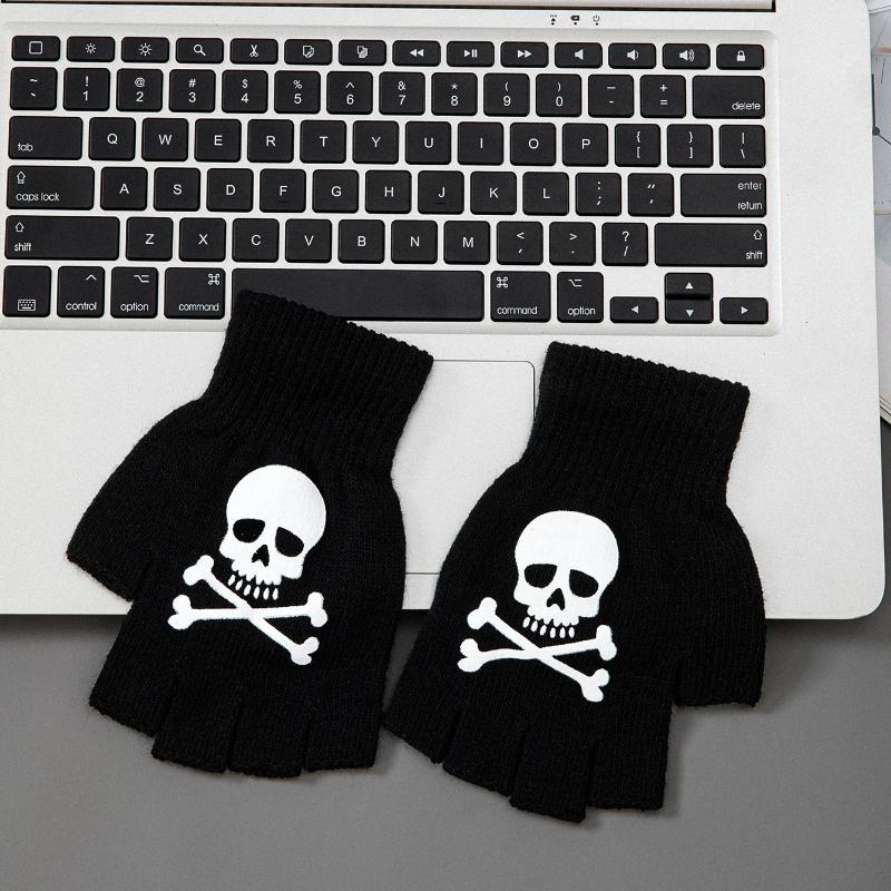 1 Pair New Kids Halloween Skeleton Skull Half Finger Luminous Punk Gloves Winter Skull Fingerless Black Mitten