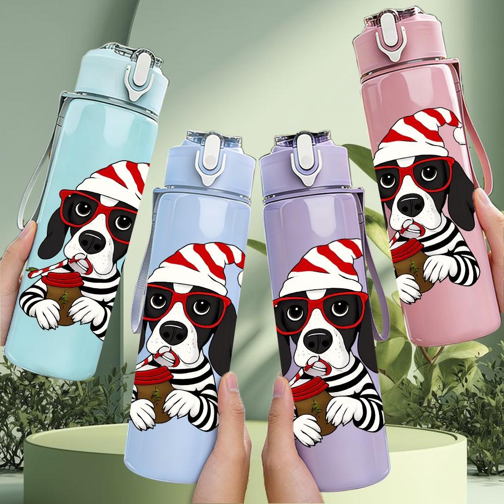 1PC Santa Hat Pet Dog Pattern 750ml Color Plastic Sports Water Bottle Leakproof Flip Straw Lid Suitable for Sports Office Home Use