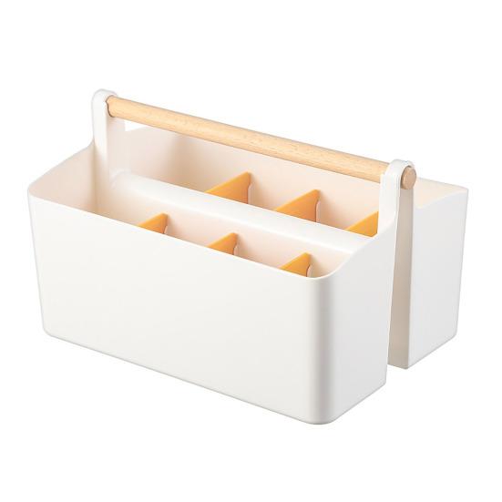 Desktop Plastic Caddy with Wooden Handle Art Supply Organizer Bin with Adjustable Dividers Makeup Basket Storage Tote for Colored Pencils Brushes
