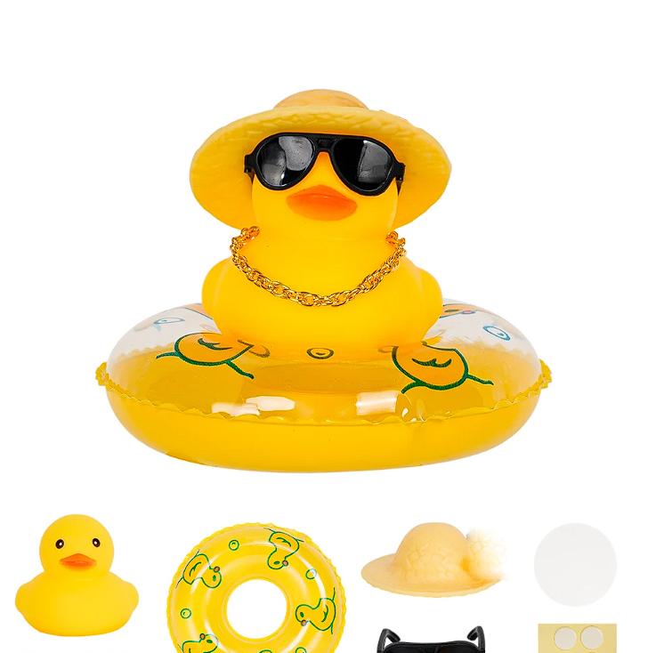 Car Duck Car Rubber Dashboard Decorations Ornament Yellow Rubber Duck with Mini Swim Ring Sun Cowboy Hat Necklace