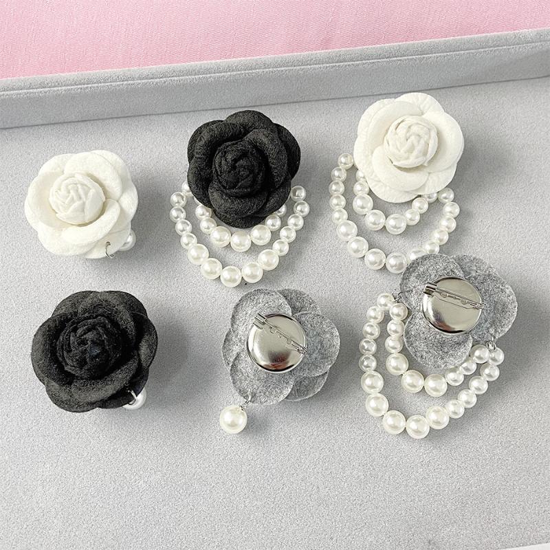 Women's Fashion Fabric Camellia Flower Pearl Tassel Corsage Brooch Pin Shirt Collar Jewelry Accessory
