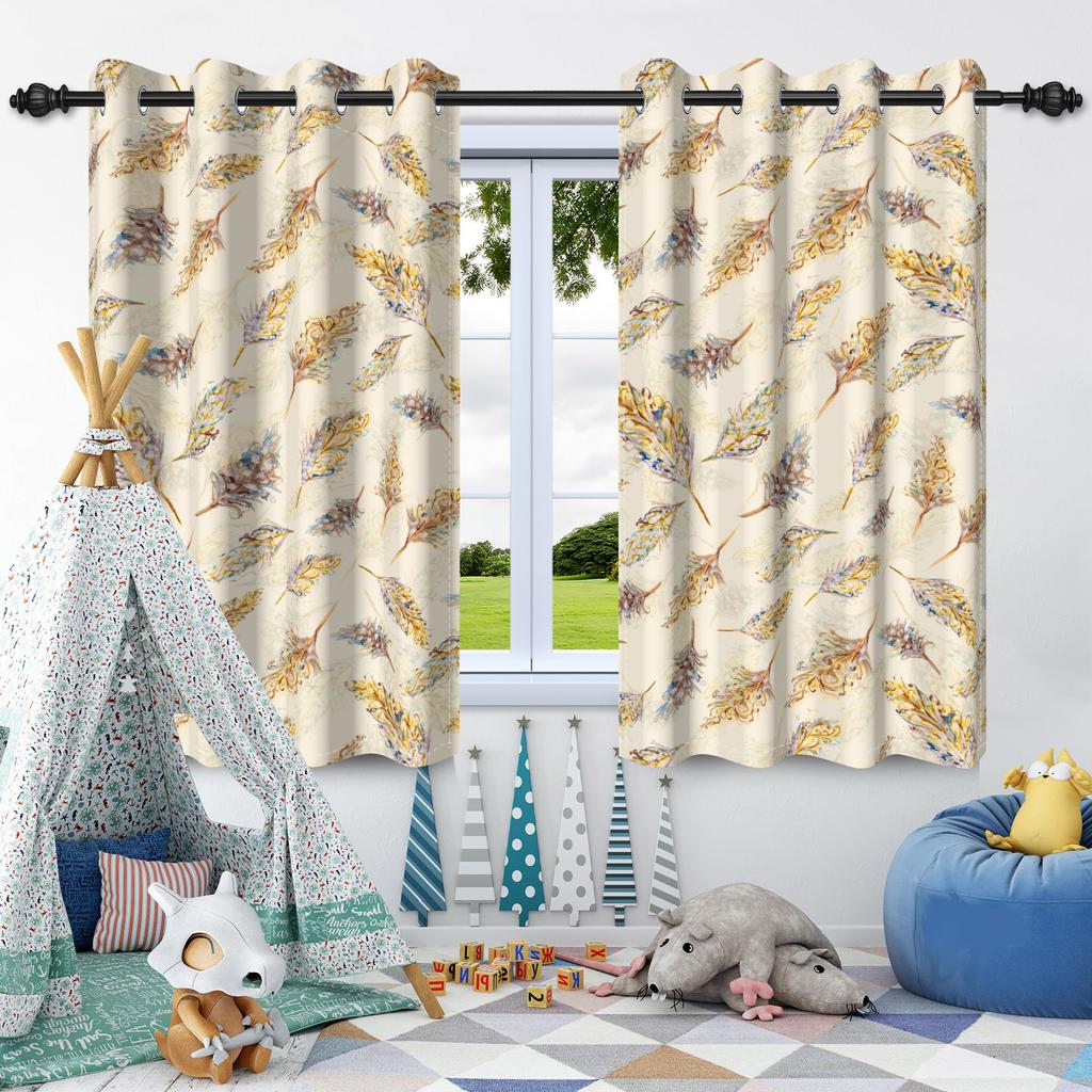 2pcs Feather Pattern Window Curtains Elegant Style Home Bedroom Living Room Blackout Curtains Thermal Insulation Washable Fabric